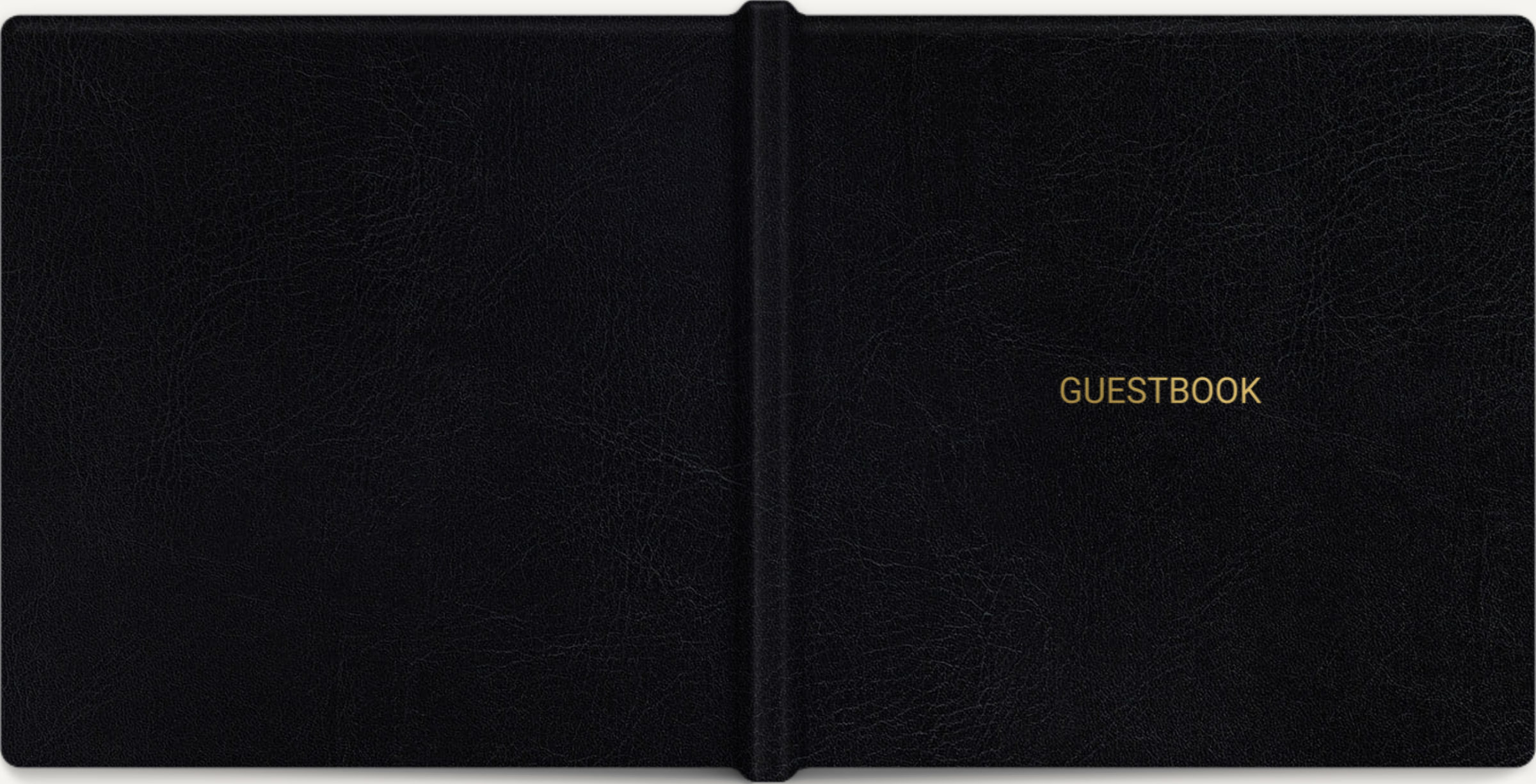 The Bespoke Guestbook closed: a black leather 10 by 10 layflat book with GUESTBOOK stamped in gold foil on the cover