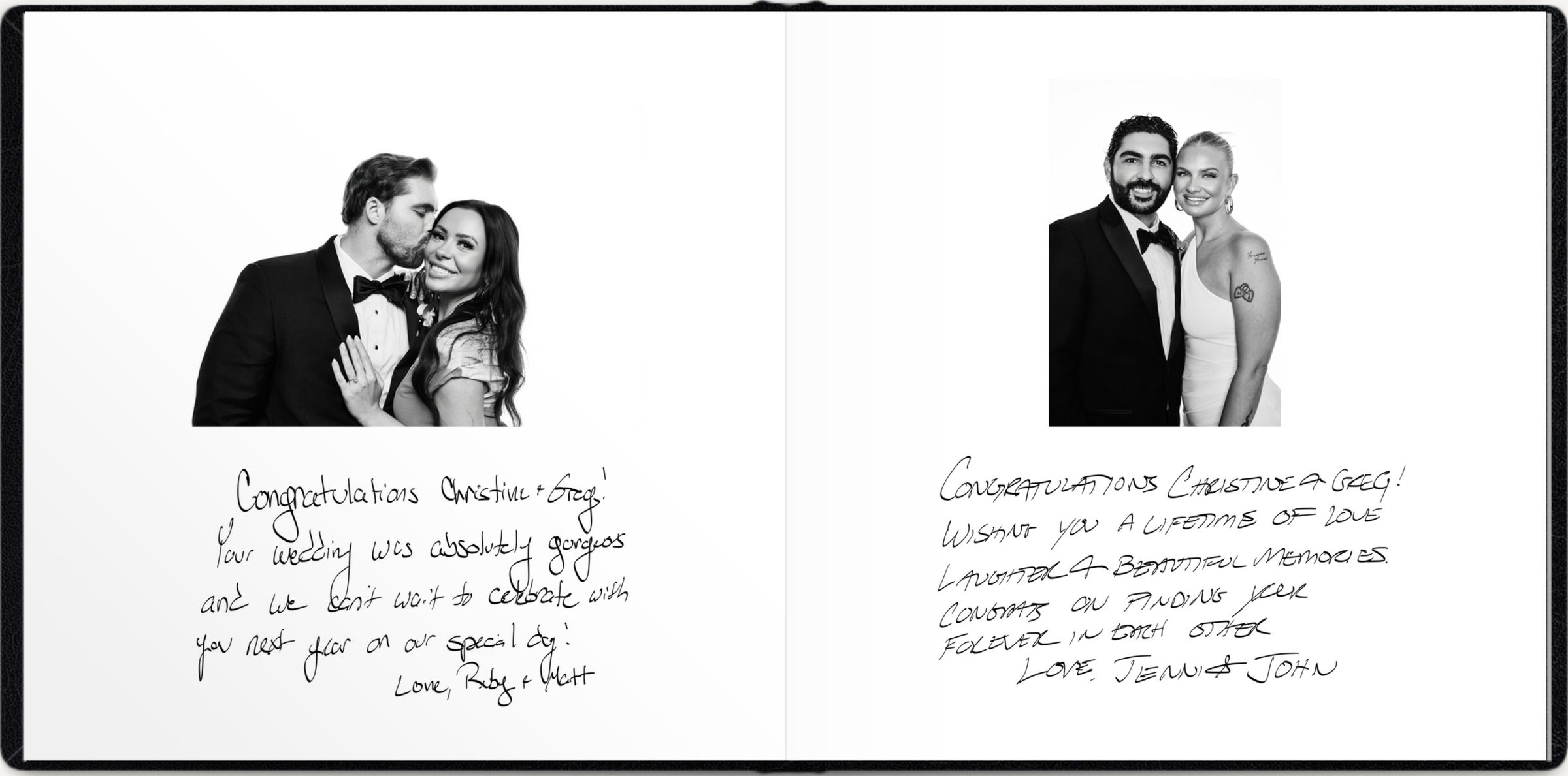 A layflat spread with a guest portrait on each page, every portrait sitting above that guest's handwritten message to the couple