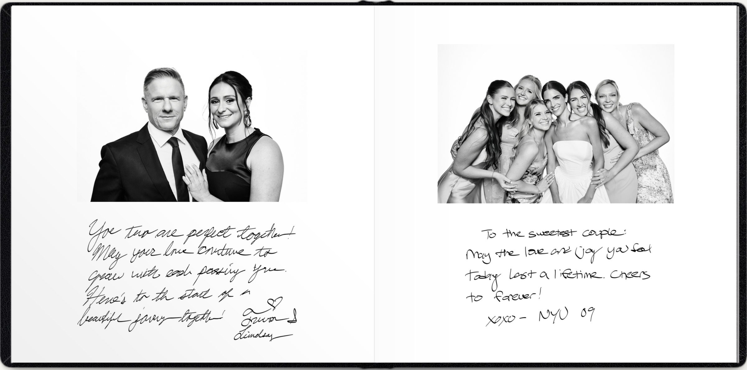 A spread pairing a couple's portrait with a portrait of the bridesmaids, each above the guests' handwritten notes