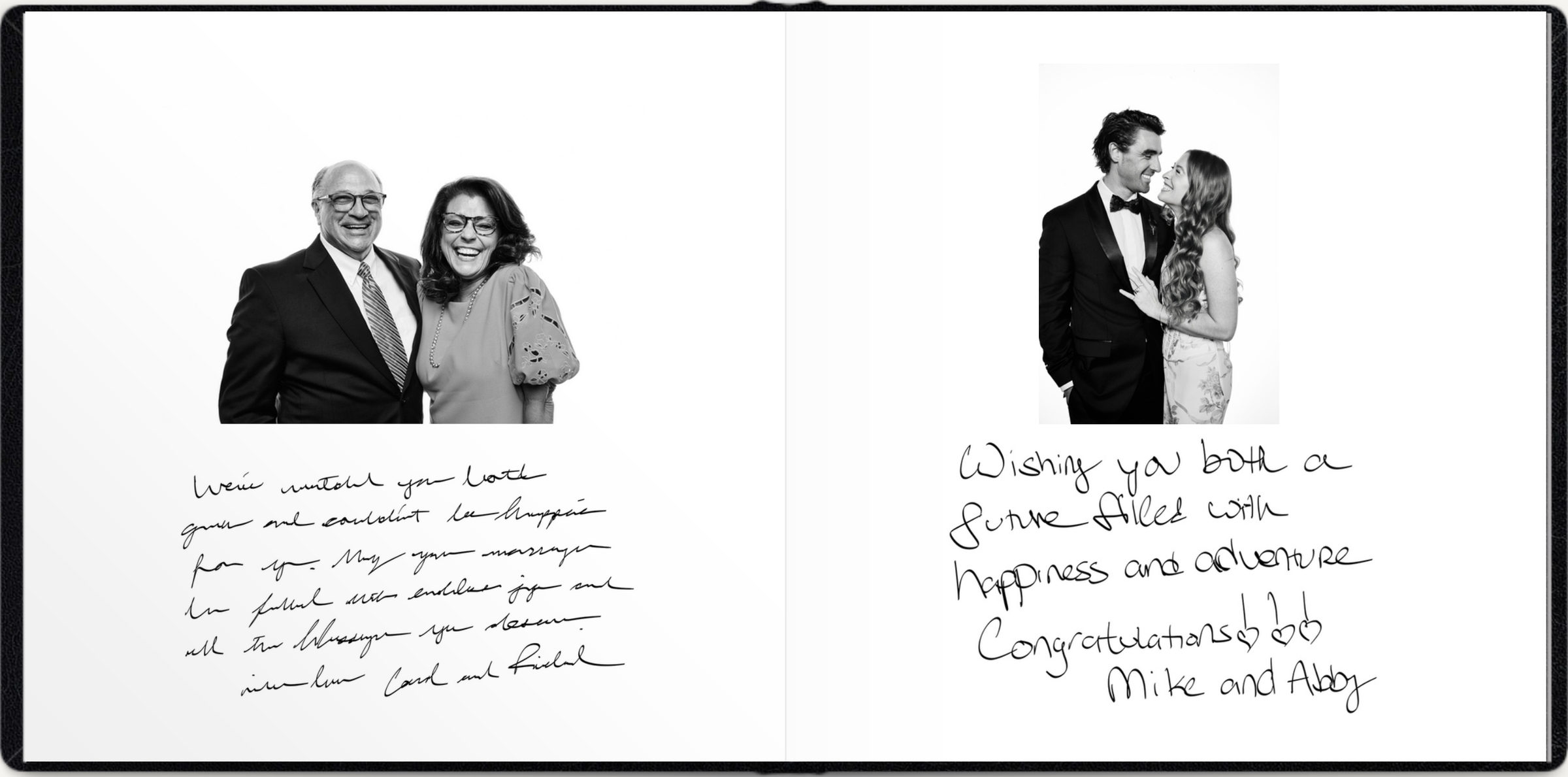 A spread showing two guest portraits above their handwritten messages, the pages running flat across the gutter