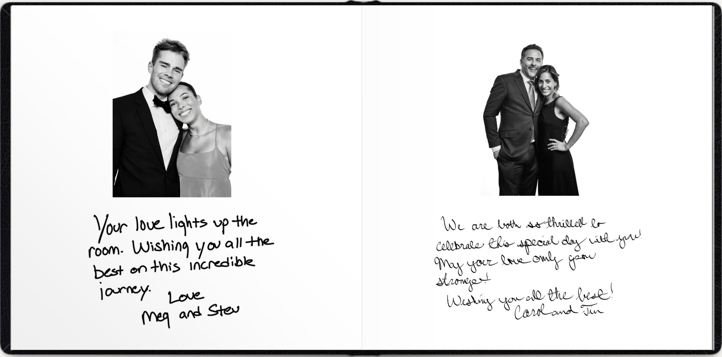 Two more guest portraits facing each other across the layflat spread, each with the guest's own handwriting below