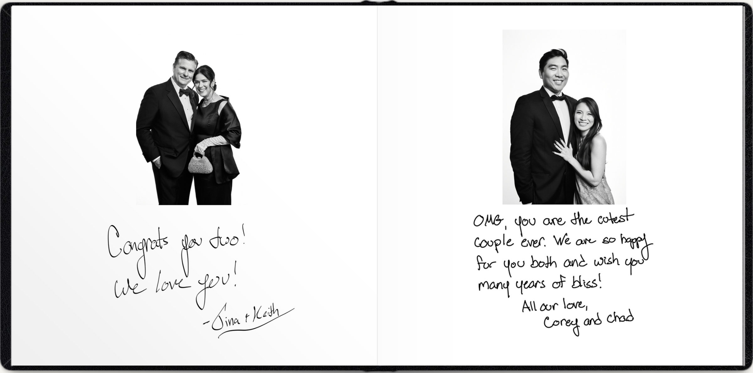 A spread of two couples photographed against the white backdrop, their messages written underneath in their own hand