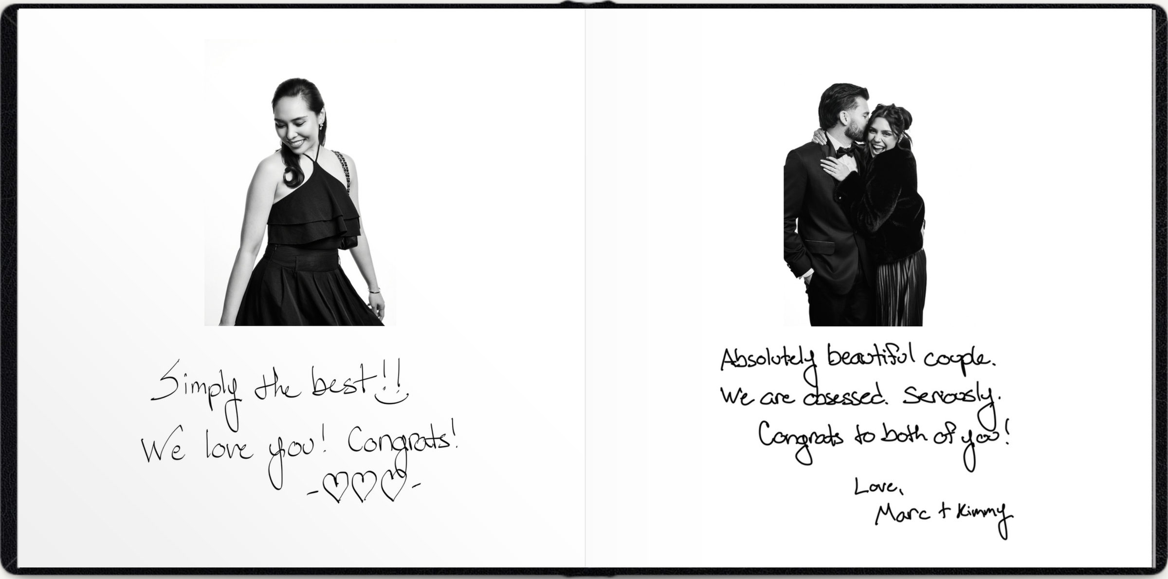 A spread pairing a solo portrait with a portrait of a couple, both above handwritten notes to the bride and groom