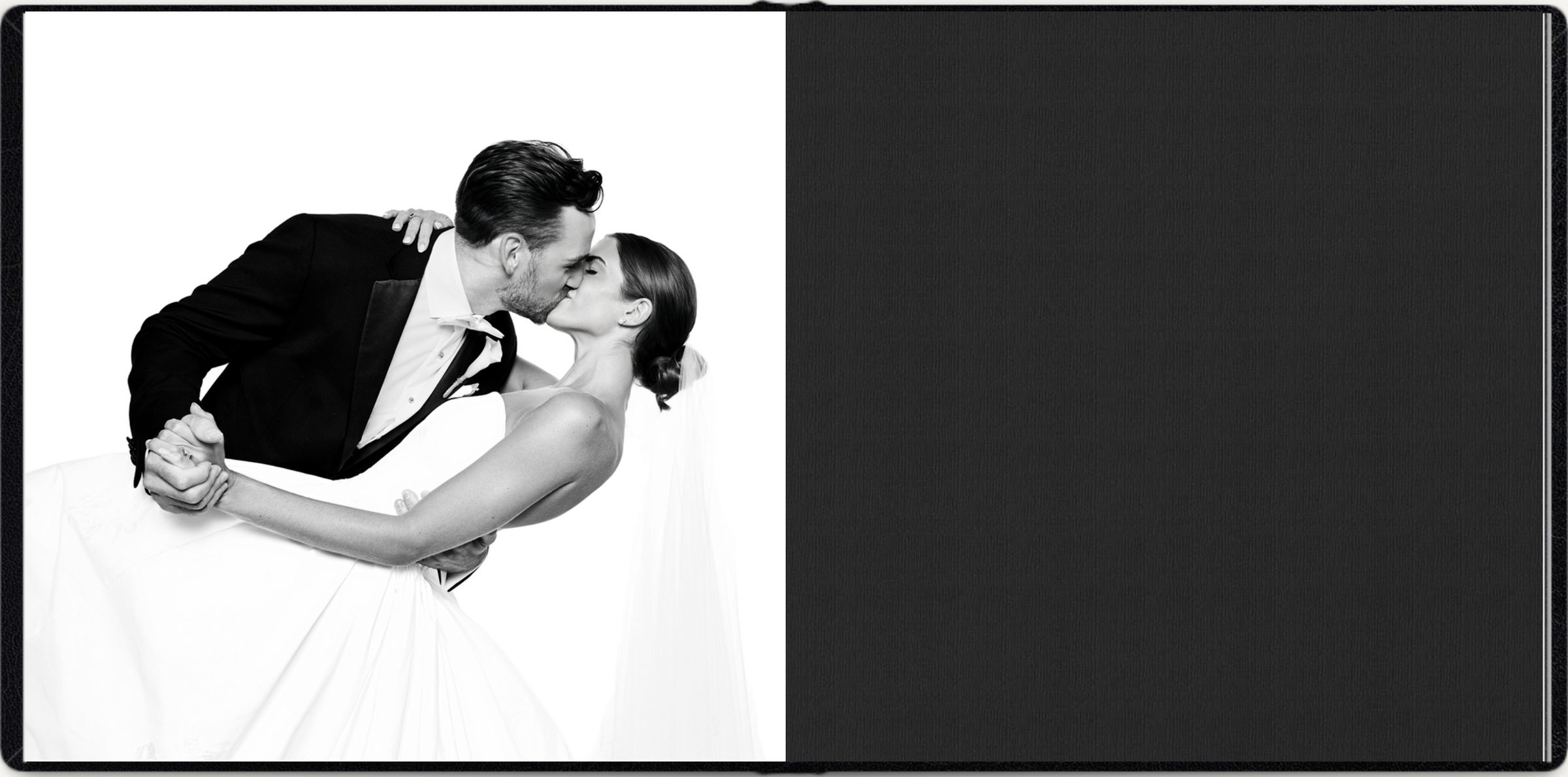 The closing spread: a full-page portrait of the couple mid-kiss facing the black inside back cover