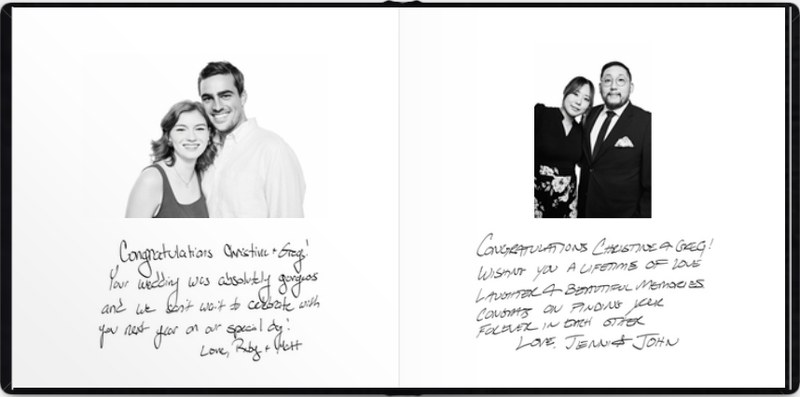 A guestbook spread: black and white studio portraits of two couples, each with a handwritten message beside it