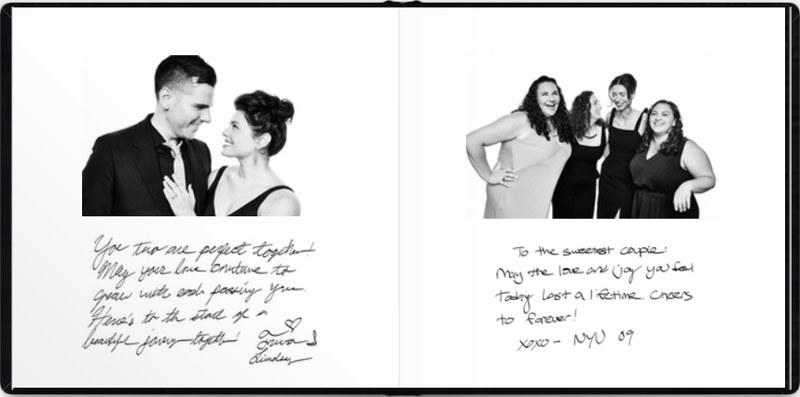 A guestbook spread showing a couple and a group of friends photographed against the white backdrop, with their notes to the couple