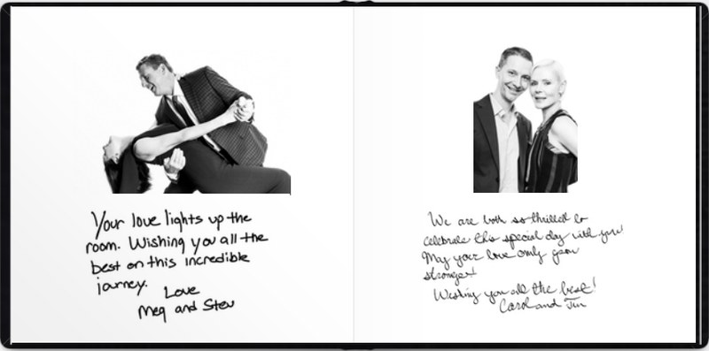 Layflat pages pairing guest portraits with handwritten messages across the full width of the book